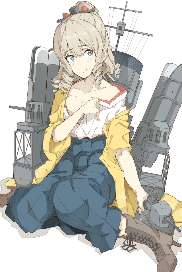 10s 1girl blue_eyes blue_hakama boots bow breasts brown_boots collarbone cross-laced_footwear drill_hair hair_bow hakama hatakaze_(kantai_collection) japanese_clothes kantai_collection kimono lace-up_boots light_brown_hair machinery medium_breasts meiji_schoolgirl_uniform ninimo_nimo ponytail red_bow short_hair simple_background solo turret white_background yellow_kimono