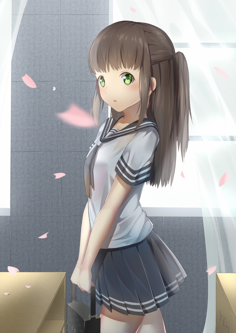 1girl :o arched_back artist_name bag black_hair black_skirt blurry breasts cherry_blossoms curtains day depth_of_field desk from_side green_eyes half_updo indoors long_hair looking_at_viewer neckerchief original petals pleated_skirt school_bag school_desk school_uniform serafuku short_sleeves side_glance skirt small_breasts solo striped_sleeves v_arms window yeh_(354162698)