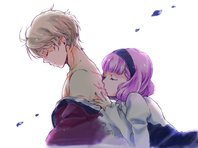 1boy 1girl aldnoah.zero back_kiss bangs bare_shoulders blonde_hair blunt_bangs bob_cut chaos_xxx closed_eyes hairband kiss lemrina_vers_envers long_sleeves military military_uniform partially_undressed puffy_long_sleeves puffy_sleeves purple_hair scar short_hair slaine_troyard uniform