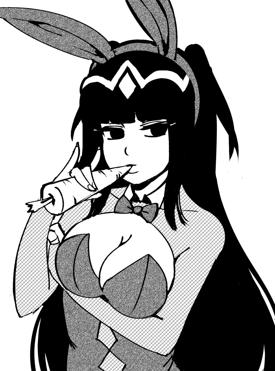 1girl akairiot animal_ears black_hair breasts bunnysuit carrot cleavage fire_emblem fire_emblem:_kakusei fire_emblem_heroes highres large_breasts long_hair rabbit_ears solo tharja tiara white_background