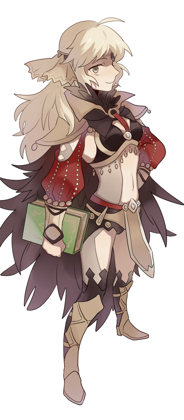 1girl ahoge arm_guards blonde_hair book boots breasts cloak fingerless_gloves fire_emblem fire_emblem_if full_body gloves grey_eyes hand_on_hip headband highres kmkr long_hair looking_at_viewer midriff navel ophelia_(fire_emblem_if) pelvic_curtain profile smile solo standing thigh_cutout white_background