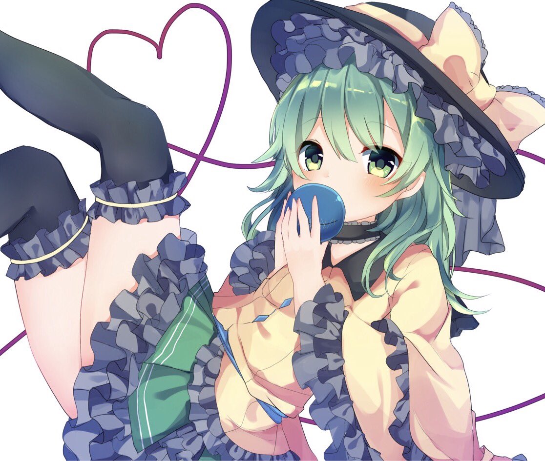 1girl bangs black_hat black_legwear blush bow choker eyebrows_visible_through_hair frilled_hat frilled_skirt frilled_sleeves frills green_eyes green_hair hair_between_eyes hat hat_bow heart heart_of_string holding karasusou_nano komeiji_koishi long_sleeves looking_at_viewer sidelocks simple_background skirt solo thigh-highs third_eye touhou white_background wide_sleeves yellow_bow zettai_ryouiki