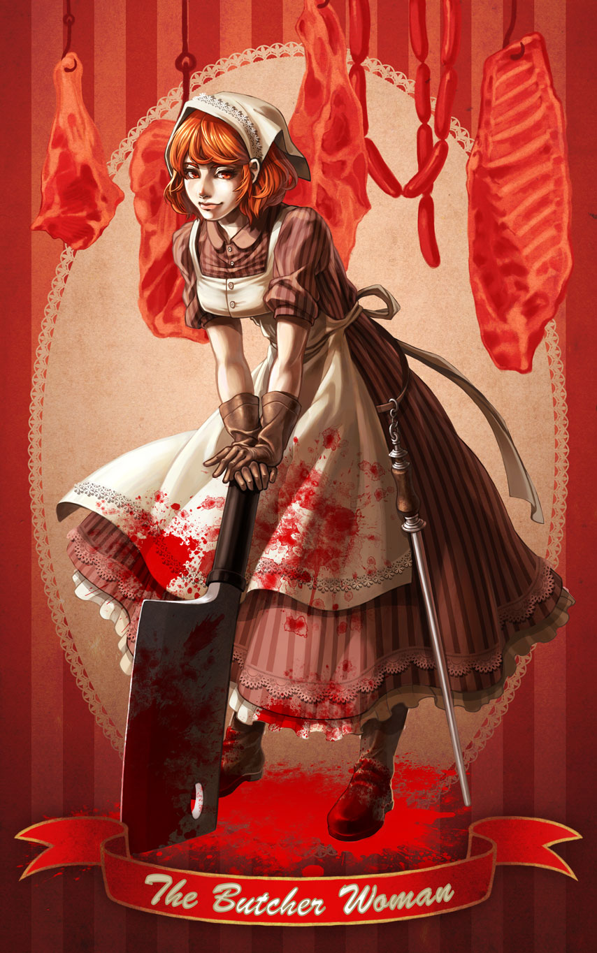 1girl apron arm_support blood bloody_clothes boots cleaver dress english food full_body gloves head_scarf highres hook lace lace-trimmed_dress leaning_forward lips looking_at_viewer meat orange_eyes orange_hair original sausage solo standing striped tanagawa_makoto vampire vertical-striped_dress vertical_stripes