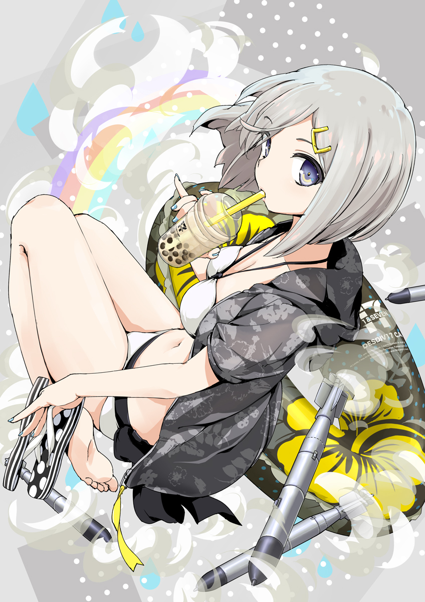 10s 1girl aka_ringo bikini blue_eyes breasts bubble_tea cup drinking dutch_angle eyebrows_visible_through_hair floral_print flower grey_hair hair_ornament hair_over_one_eye hairclip hamakaze_(kantai_collection) hand_up hibiscus highres holding holding_cup hood hoodie kantai_collection looking_at_viewer medium_breasts navel open_clothes open_hoodie short_hair slippers_removed solo swimsuit torpedo white_bikini