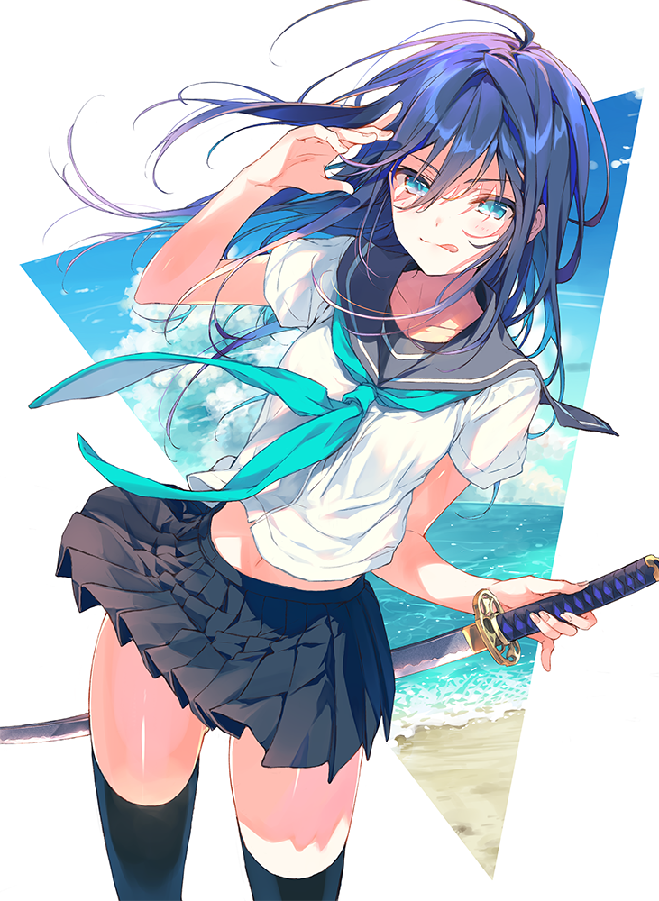 1girl :q aqua_eyes aqua_neckerchief bangs beach black_legwear black_skirt blue_hair closed_mouth collarbone commentary_request floating_hair hair_between_eyes hands_up holding holding_sword holding_weapon katana licking_lips long_hair looking_at_viewer navel neckerchief ocean original pleated_skirt reia school_uniform serafuku short_sleeves skirt solo sword thigh-highs thighs tongue tongue_out very_long_hair weapon wind