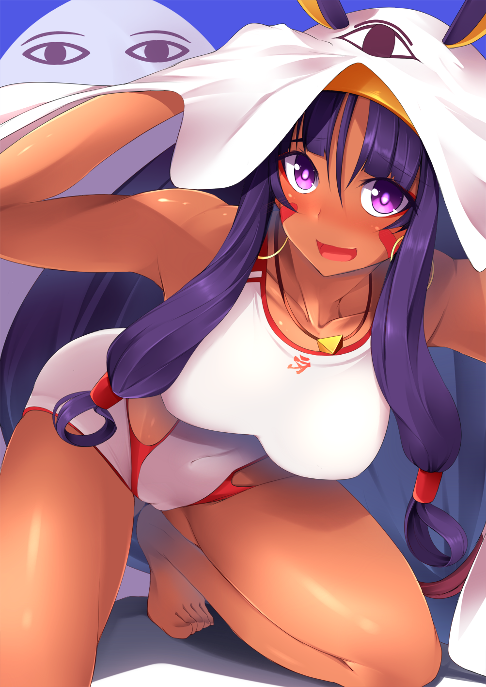 1girl barefoot dark_skin earrings fate/grand_order fate_(series) highres hood hoop_earrings jewelry long_hair looking_at_viewer medjed necklace nitocris_(fate/grand_order) nitocris_(swimsuit_assassin)_(fate) purple_hair smile solo sukage thighs violet_eyes