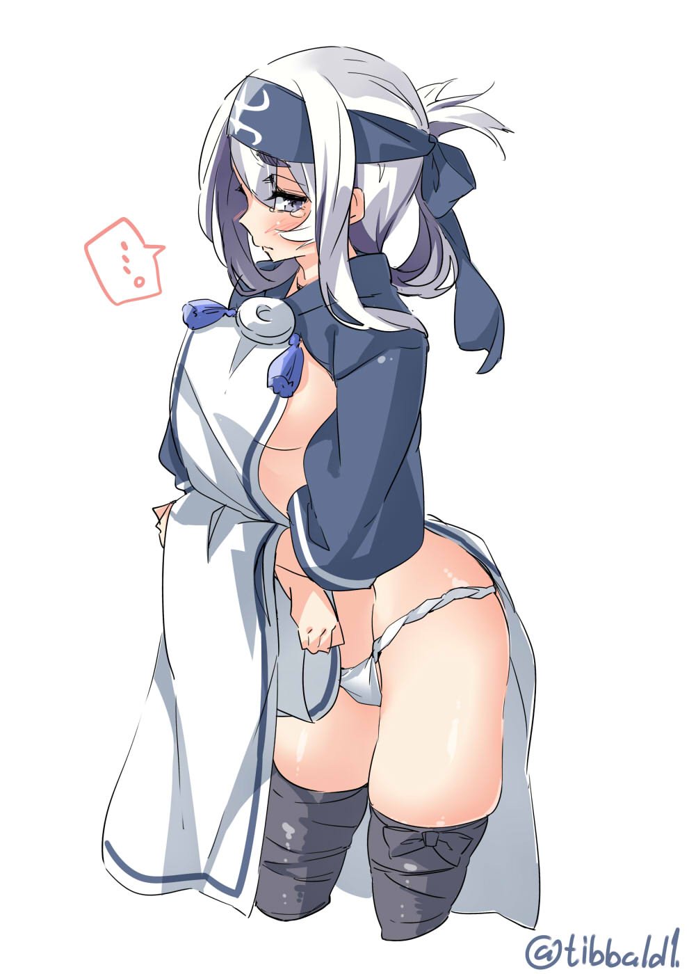 ... 10s 1girl bangs black_legwear blue_eyes blush breasts closed_mouth cowboy_shot cropped_legs ebifurya eyebrows_visible_through_hair folded_ponytail groin headband highres kamoi_(kantai_collection) kantai_collection looking_at_viewer medium_breasts panties pelvic_curtain profile side_slit simple_background solo spoken_ellipsis tears thigh-highs twitter_username underwear white_background white_hair white_panties