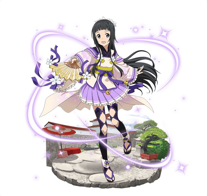 1girl :d black_eyes black_hair black_legwear fan floating_hair frilled_skirt frills full_body head_wreath holding holding_fan japanese_clothes long_hair looking_at_viewer miniskirt open_mouth outstretched_arm pleated_skirt purple_skirt ribbon-trimmed_sleeves ribbon_trim simple_background skirt smile solo standing sword_art_online thigh-highs very_long_hair white_background yui_(sao)