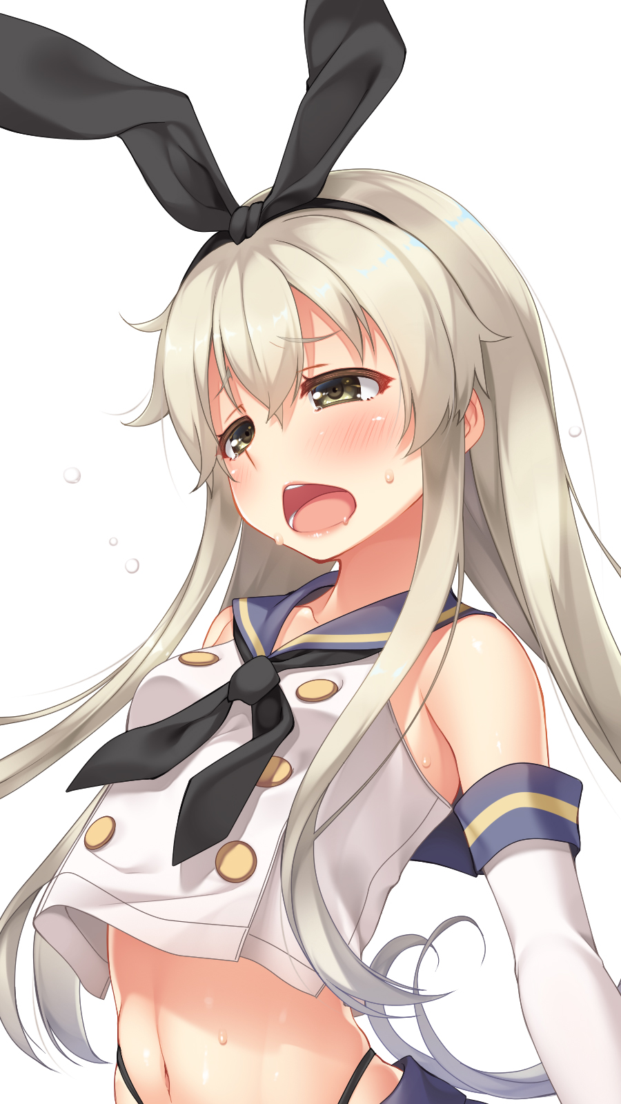 10s 1girl black_hairband blonde_hair blush elbow_gloves gloves hairband highres imachireki kantai_collection long_hair navel open_mouth shimakaze_(kantai_collection) simple_background solo sweat tears upper_body white_background yellow_eyes