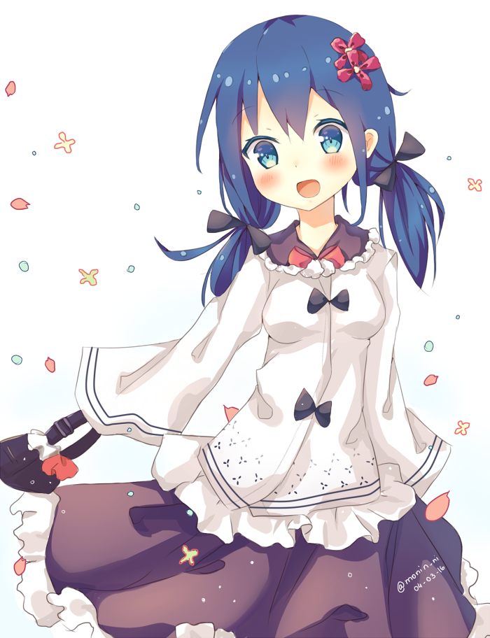 1girl :d artist_name bag black_ribbon blue_eyes blue_hair blush bow breasts brown_skirt cowboy_shot dated eyebrows_visible_through_hair flower frilled_shirt frilled_skirt frills hair_between_eyes hair_flower hair_ornament hair_ribbon handbag holding_bag long_hair long_sleeves low_twintails medium_breasts mony open_mouth original petals red_bow ribbon shirt skirt sleeves_past_wrists smile solo twintails white_background white_shirt wide_sleeves