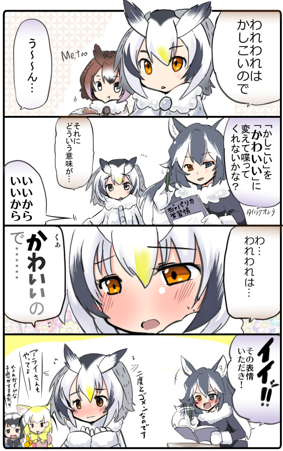 10s 4koma animal_ears blonde_hair blue_eyes blush brown_hair comic common_raccoon_(kemono_friends) eurasian_eagle_owl_(kemono_friends) fennec_(kemono_friends) grey_hair grey_wolf_(kemono_friends) heterochromia kemono_friends multicolored_hair northern_white-faced_owl_(kemono_friends) orange_eyes tora_to_mentaiko