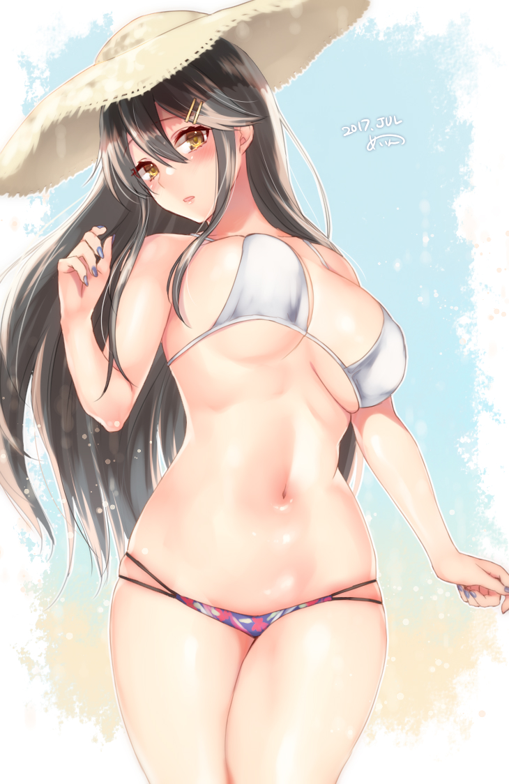 10s 1girl alternate_costume bikini black_hair blue_nails blush breasts collarbone dated fingernails hair_between_eyes hair_ornament hairclip haruna_(kantai_collection) hat kantai_collection large_breasts long_hair looking_at_viewer multi-strapped_bikini nail_polish navel parted_lips pink_bikini_bottom sakiryo_kanna skindentation sky solo sparkle sun_hat swimsuit twisted_torso upper_body white_bikini_top yellow_eyes