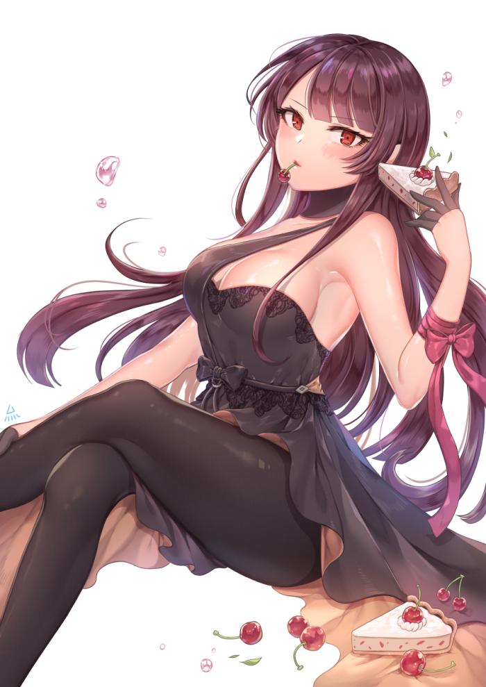 1girl black_legwear blush breasts cherry cleavage eyebrows_visible_through_hair food fruit girls_frontline large_breasts long_hair looking_at_viewer ozzingo pantyhose parted_lips pie red_eyes redhead sitting smile solo wa2000_(girls_frontline)