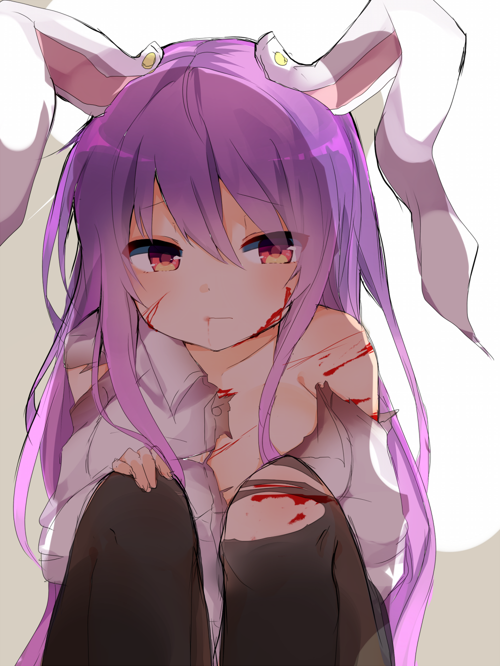 1girl animal_ears bangs black_legwear blood blood_on_face breasts buttons closed_mouth collared_shirt cuts eyebrows_visible_through_hair hairband hand_on_own_knee highres injury karasusou_nano long_hair medium_breasts multicolored multicolored_background orange_eyes pantyhose purple_hair rabbit_ears reisen_udongein_inaba shirt sidelocks solo torn_clothes torn_pantyhose torn_shirt touhou two-tone_background white_shirt