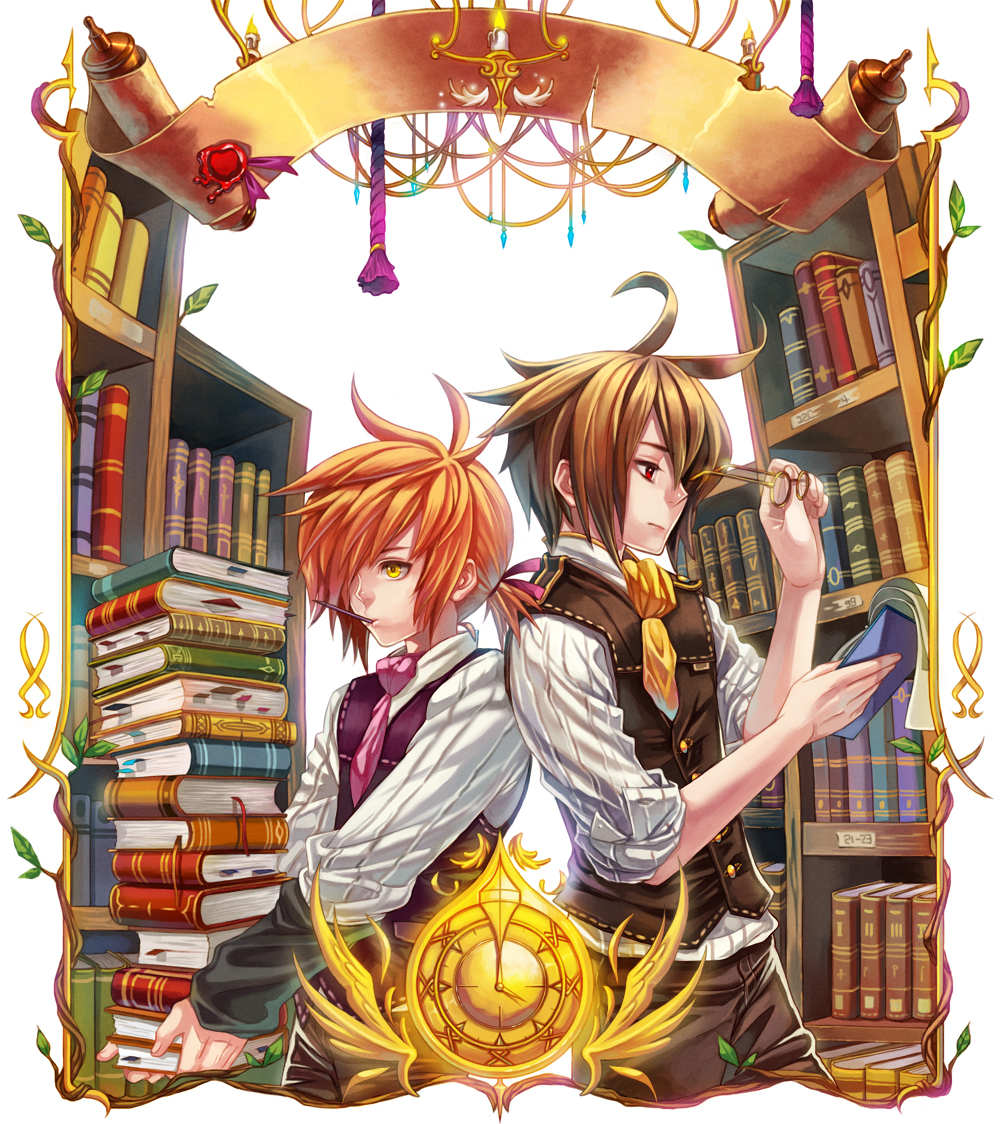 2boys ahoge ascot book book_stack bookmark bookshelf brown_eyes brown_hair brown_pants brown_vest candle clock glasses glasses_removed holding holding_book male_focus mouth_hold multiple_boys necktie orange_hair pants purple_vest red_eyes rrose scroll standing vest wax_seal