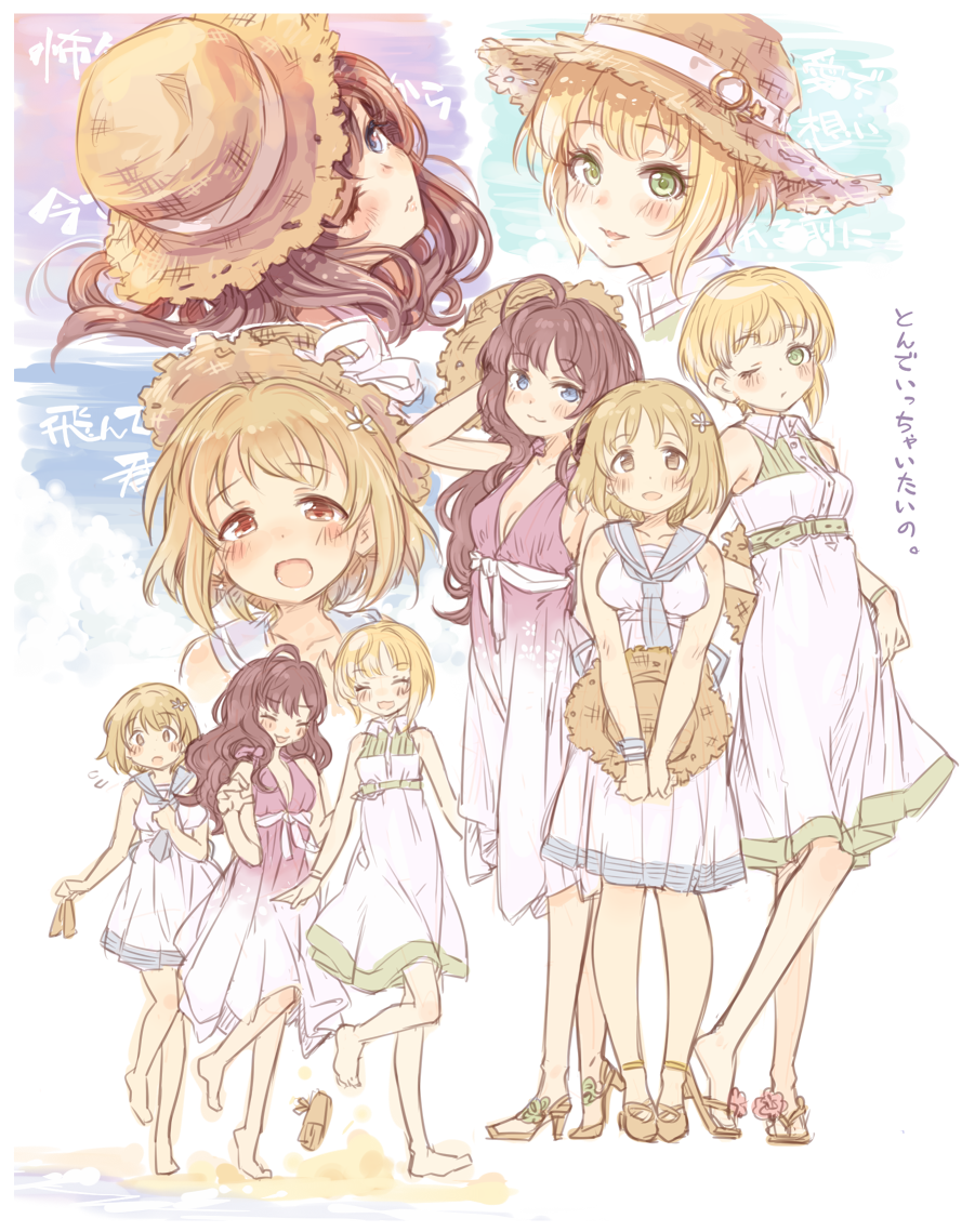 10s 3girls 7010 :3 ahoge barefoot blonde_hair blue_eyes blush breasts brown_eyes brown_hair cleavage commentary_request dress flower full_body green_eyes hair_flower hair_ornament hat high_heels ichinose_shiki idolmaster idolmaster_cinderella_girls long_hair looking_at_viewer medium_breasts mimura_kanako miyamoto_frederica multiple_girls one_eye_closed open_mouth sailor_collar short_hair sketch sleeveless sleeveless_dress smile straw_hat translation_request