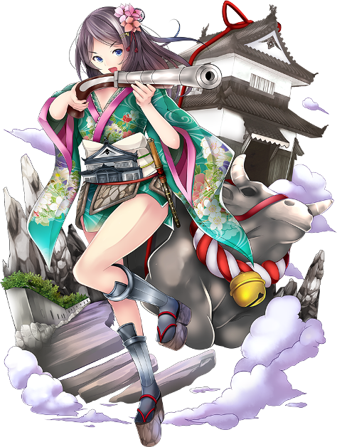 &gt;:o 1girl :o antique_firearm architecture bangs bell bicchu_matsuyama_(oshiro_project) black_hair blue_eyes castle cow east_asian_architecture firearm firelock flintlock flower full_body gun hair_flower hair_ornament hairpin holding holding_gun holding_weapon japanese_clothes kimono long_hair official_art oshiro_project oshiro_project_re parted_bangs taicho128 transparent_background weapon