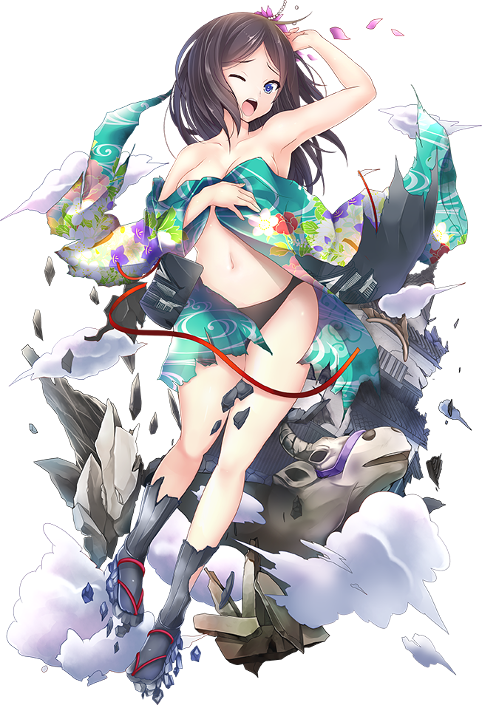 1girl :o architecture armpits bangs bell bicchu_matsuyama_(oshiro_project) black_hair black_panties blue_eyes breasts castle cleavage covering covering_breasts cow east_asian_architecture flower full_body gun hair_flower hair_ornament hairpin japanese_clothes kimono long_hair midriff navel official_art oshiro_project oshiro_project_re panties parted_bangs taicho128 torn_clothes transparent_background underwear weapon
