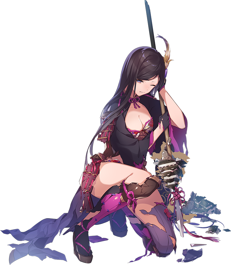1girl ;( artist_request bangs black_gloves black_hair breasts broken_spear cleavage full_body gloves grey_eyes hair_ornament holding holding_spear holding_weapon iyo_matsuyama_(oshiro_project) kneeling large_breasts long_hair official_art oshiro_project oshiro_project_re parted_bangs polearm spear torn_clothes transparent_background very_long_hair weapon
