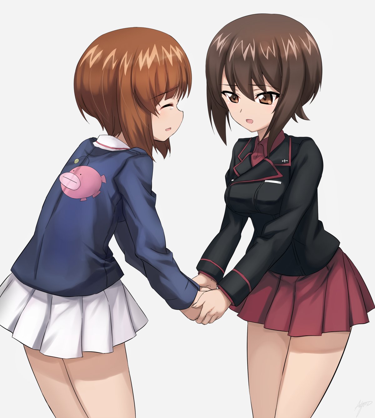 2girls anglerfish ashiwara_yuu bangs black_jacket blue_jacket brown_eyes brown_hair closed_eyes commentary_request cowboy_shot dress_shirt emblem eyebrows_visible_through_hair facing_another girls_und_panzer hand_holding highres jacket kuromorimine_military_uniform light_smile long_sleeves looking_at_another military military_uniform miniskirt multiple_girls nishizumi_maho nishizumi_miho no_hat no_headwear ooarai_military_uniform parted_lips pleated_skirt red_shirt red_skirt shirt short_hair siblings sisters skirt standing uniform white_skirt