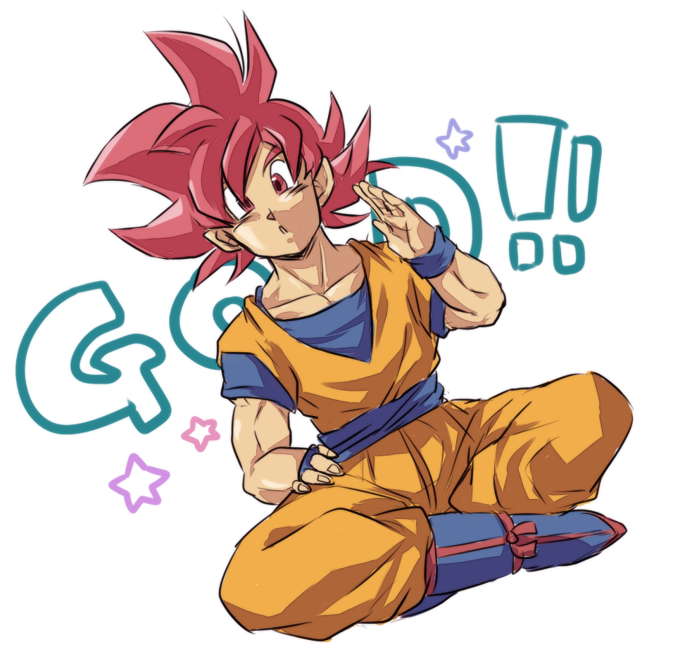 1boy :o boots dougi dragon_ball dragon_ball_z_kami_to_kami dragonball_z flying legs_crossed looking_at_viewer male_focus open_mouth red_eyes redhead salute short_hair simple_background son_gokuu spiky_hair star super_saiyan_god text tkgsize white_background wristband