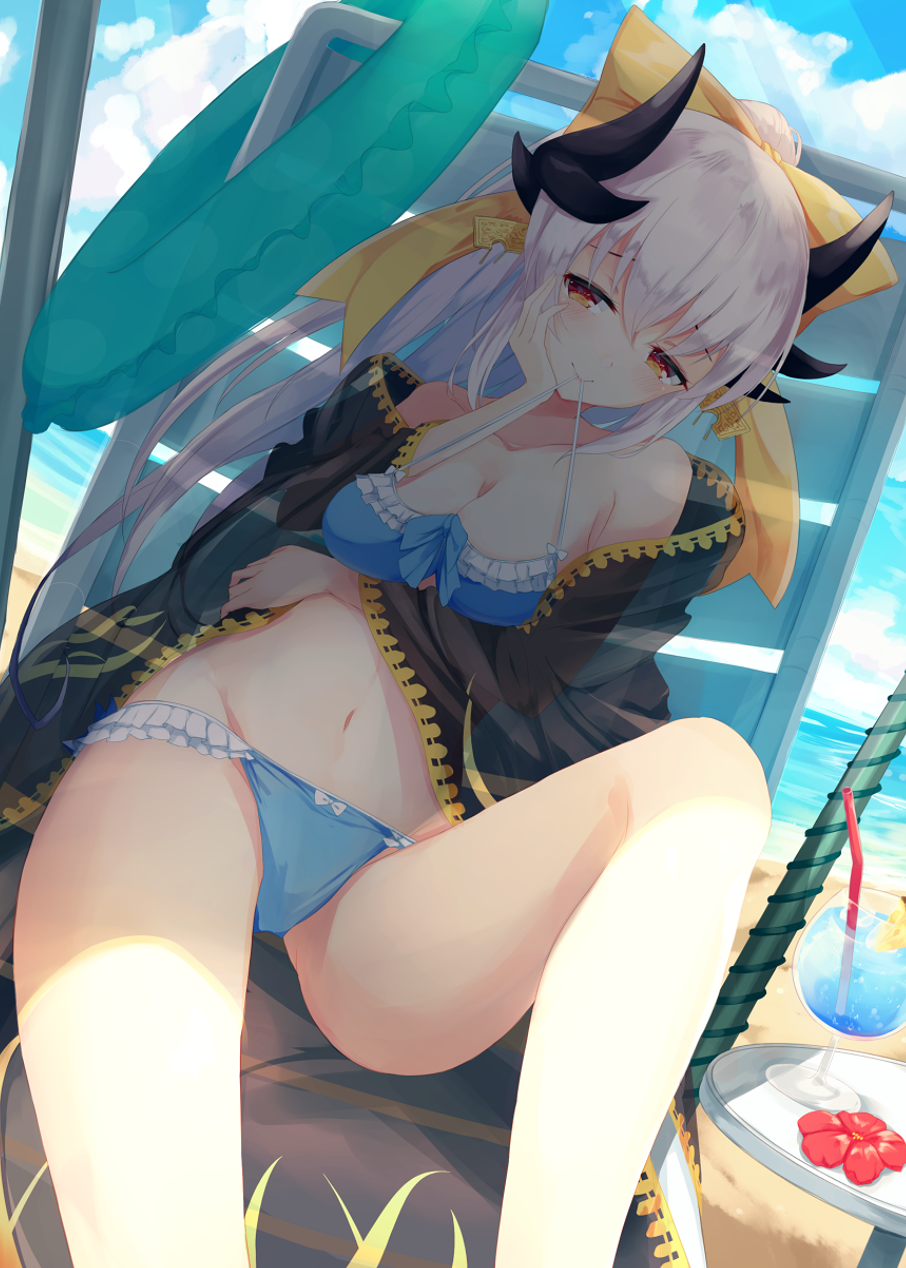 1girl aqua_hair bare_legs beach bikini blue_bikini blue_sky bow chair cup day drink drinking_glass drinking_straw fate/grand_order fate_(series) hair_bow half-closed_eyes hand_on_own_cheek highres horns igakusei innertube kiyohime_(fate/grand_order) kiyohime_(swimsuit_lancer)_(fate) long_hair looking_at_viewer lounge_chair mouth_hold navel ocean outdoors ponytail sand sitting sky smile solo summer swimsuit table yellow_bow yellow_eyes