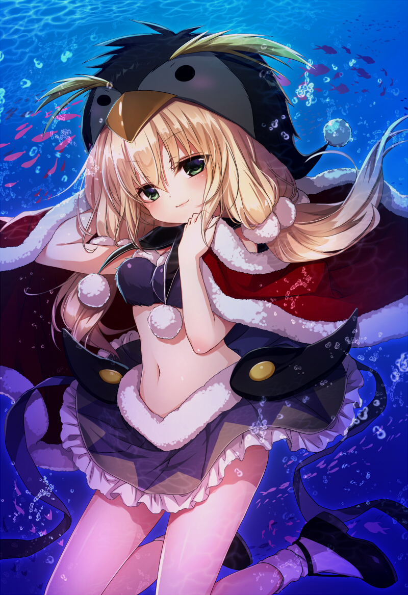1girl animal_hat arm_up bangs bare_arms bikini_top black_hat black_shoes blonde_hair bubble cape closed_mouth commentary_request emia_(castilla) eyebrows_visible_through_hair fish frilled_skirt frills fur-trimmed_cape fur_trim gothic_wa_mahou_otome green_eyes hair_between_eyes hand_up hat long_hair looking_at_viewer miniskirt navel penguin_hat pom_pom_(clothes) purple_bikini_top purple_skirt red_cape shiny shiny_hair shoes sidelocks skirt smile socks solo stomach underwater white_legwear