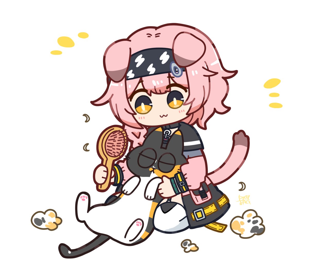 1girl :3 animal animal_ears arknights bangs black_hairband braid cat cat_ears cat_girl cat_tail closed_eyes commentary_request dog-san full_body fur garter_straps goldenglow_(arknights) hair_between_eyes hair_brush hair_over_shoulder hairband holding holding_brush jacket lightning_bolt_print long_hair long_sleeves open_clothes open_jacket pink_hair pink_jacket print_hairband puffy_long_sleeves puffy_sleeves seiza simple_background single_braid sitting solo tail thigh-highs white_background white_thighhighs yellow_eyes