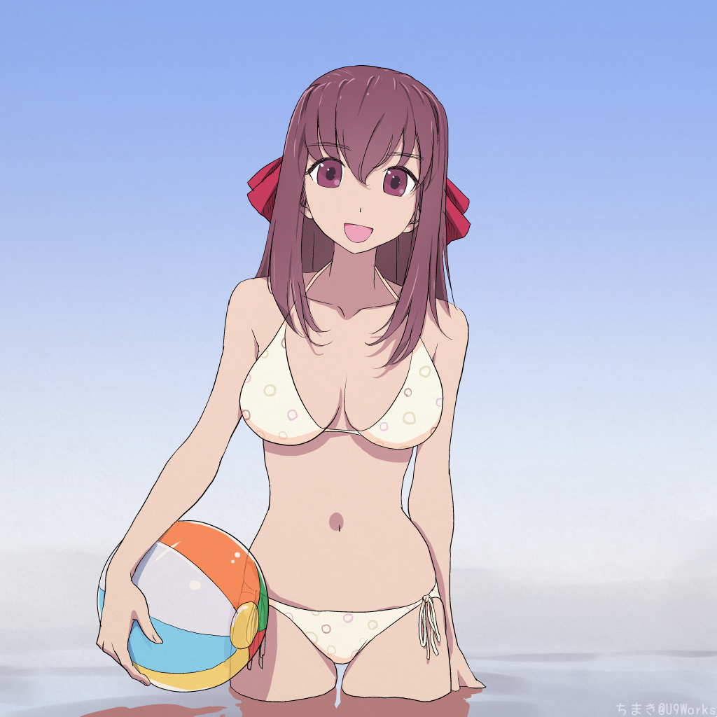 1girl :d arm_at_side artist_name ball beachball bikini breasts chimaki_(u9works) collarbone eyebrows_visible_through_hair girls_und_panzer gradient gradient_background hair_between_eyes hair_ribbon halterneck kondou_taeko large_breasts long_hair looking_at_viewer navel open_mouth outdoors purple_hair ribbon side-tie_bikini simple_background smile solo swimsuit violet_eyes wading white_bikini