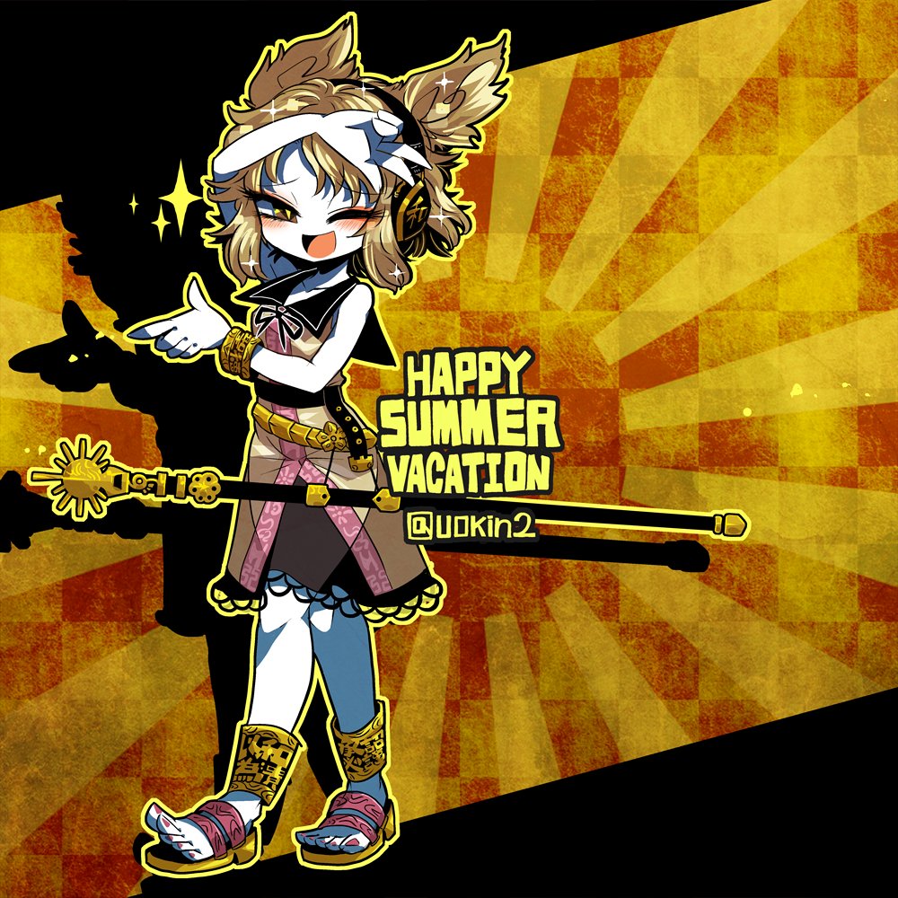 1girl ;d arm_up bangs black_skirt blonde_hair blush bracelet commentary_request earmuffs eyebrows_visible_through_hair full_body jewelry looking_at_viewer one_eye_closed open_mouth pointy_hair shadow sheath sheathed short_hair skirt sleeveless smile solo sparkle standing sunburst sword touhou toyosatomimi_no_miko twitter_username weapon white_skin yellow_eyes yt_(wai-tei)