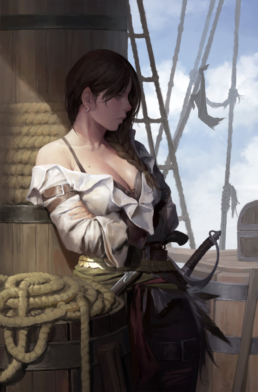1girl bangs barrel belt blue_sky bra bra_strap braid breasts brown_eyes cleavage clouds collarbone cowboy_shot cross-laced_clothes crossed_arms cutlass_(sword) dongho_kang earrings feather_trim feathers floating_object gloves green_scarf gun hairband handgun highres hoop_earrings jewelry large_breasts leaning_back long_hair looking_away mast mole mole_on_breast original pants pistol profile rope sad scarf sheath sheathed ship shirt single_bare_shoulder single_braid single_glove sky sleeves_folded_up solo treasure_chest underwear watercraft weapon white_shirt