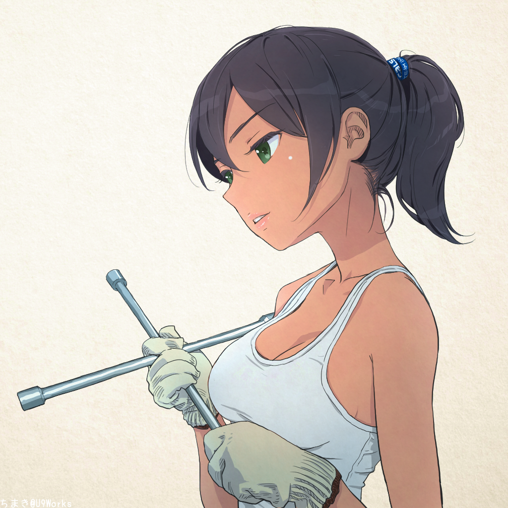 1girl artist_name bare_shoulders black_hair breasts chimaki_(u9works) cleavage collarbone dark_skin from_side girls_und_panzer gloves green_eyes grey_gloves hair_between_eyes head_tilt holding hoshino_(girls_und_panzer) lips long_eyelashes looking_away medium_breasts medium_hair parted_lips ponytail short_hair simple_background solo tank_top texture upper_body white_tank_top wrench