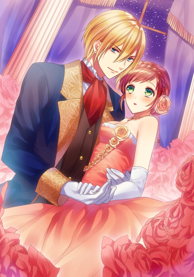 1boy 1girl :o arm_around_waist bare_arms bare_shoulders bishounen blonde_hair blue_coat blue_eyes blush braid breasts cleavage coat column couple cravat curtains dress dutch_angle elbow_gloves expressionless flower french_braid gloves green_eyes hair_flower hair_ornament hand_holding hetero indoors jewelry lace lace-trimmed_dress looking_at_another looking_at_viewer medium_breasts necklace night open_clothes open_coat original pillar pink_rose red_dress red_rose redhead rose short_hair sky star_(sky) starry_sky strapless strapless_dress waistcoat white_gloves window yuzuki_kaoru
