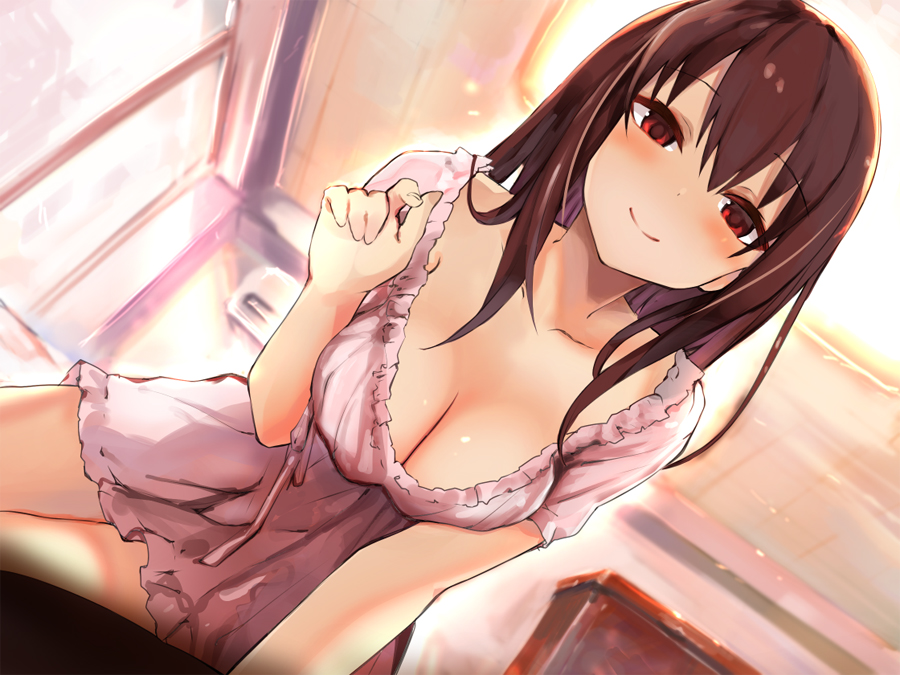 1girl amamitsu_kousuke breasts brown_hair cleavage closed_mouth copyright_request dutch_angle eyebrows_visible_through_hair from_below girl_on_top hair_between_eyes indoors large_breasts long_hair looking_at_viewer nightgown pov red_eyes sidelocks sitting smile solo straddling