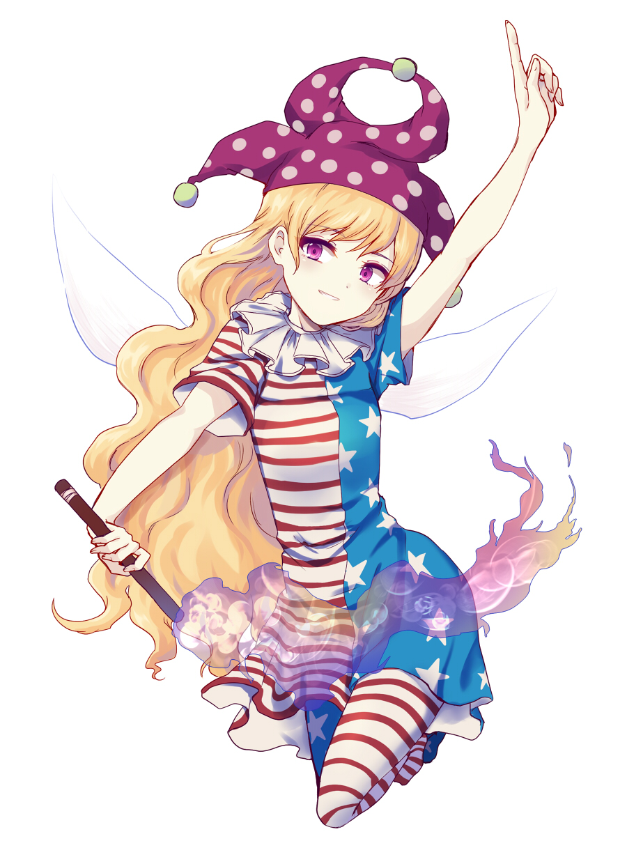 1girl american_flag_dress american_flag_legwear bare_arms blonde_hair clownpiece dress fairy_wings fire full_body hat highres holding index_finger_raised jester_cap long_hair looking_at_viewer neck_ruff pantyhose pink_eyes polka_dot short_dress short_sleeves simple_background smile solo star star_print striped torch touhou uranaishi_(miraura) very_long_hair wavy_hair white_background wings
