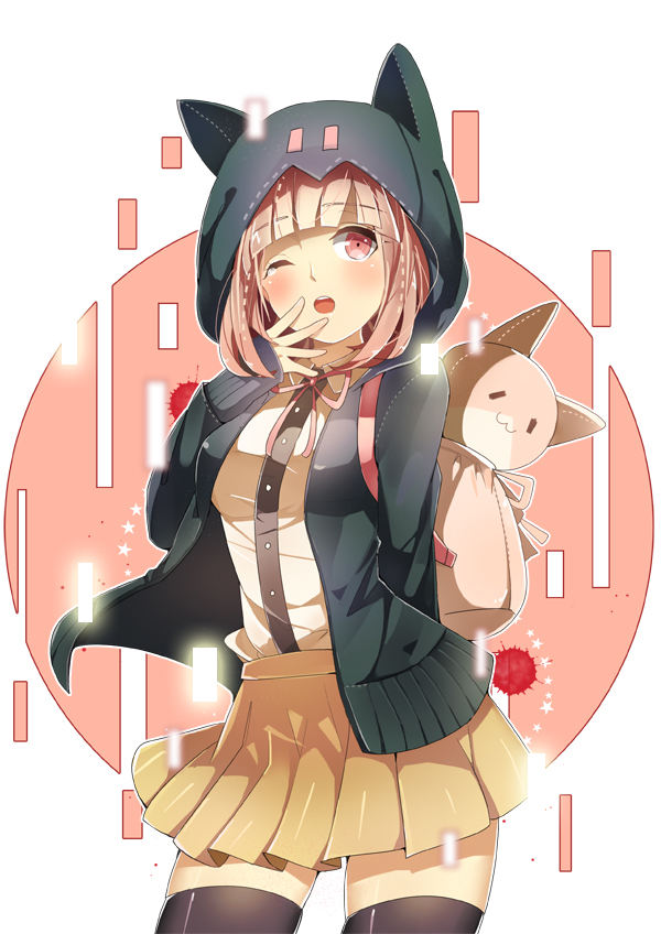 1girl black_legwear black_sweater cardigan cowboy_shot dangan_ronpa dress_shirt eyebrows_visible_through_hair hood hooded_sweater linch miniskirt nanami_chiaki neck_ribbon one_eye_closed open_cardigan open_clothes open_mouth pink_hair pink_ribbon pleated_skirt red_eyes ribbon shiny shiny_clothes shiny_skin shirt simple_background skirt solo standing super_dangan_ronpa_2 sweater thigh-highs white_background white_shirt yellow_skirt zettai_ryouiki