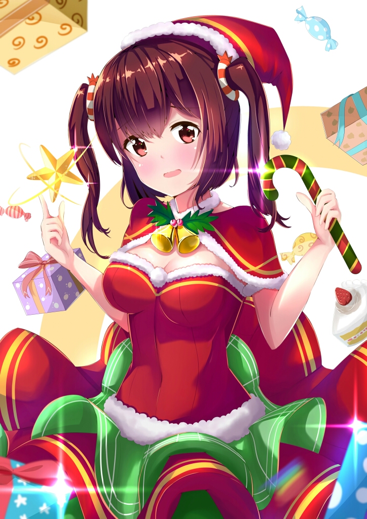 10s 1girl blush breasts brown_hair christmas cleavage ebina_nana eyebrows_visible_through_hair hat himouto!_umaru-chan holmemee looking_at_viewer medium_breasts open_mouth red_eyes red_hat santa_costume santa_hat short_twintails solo twintails