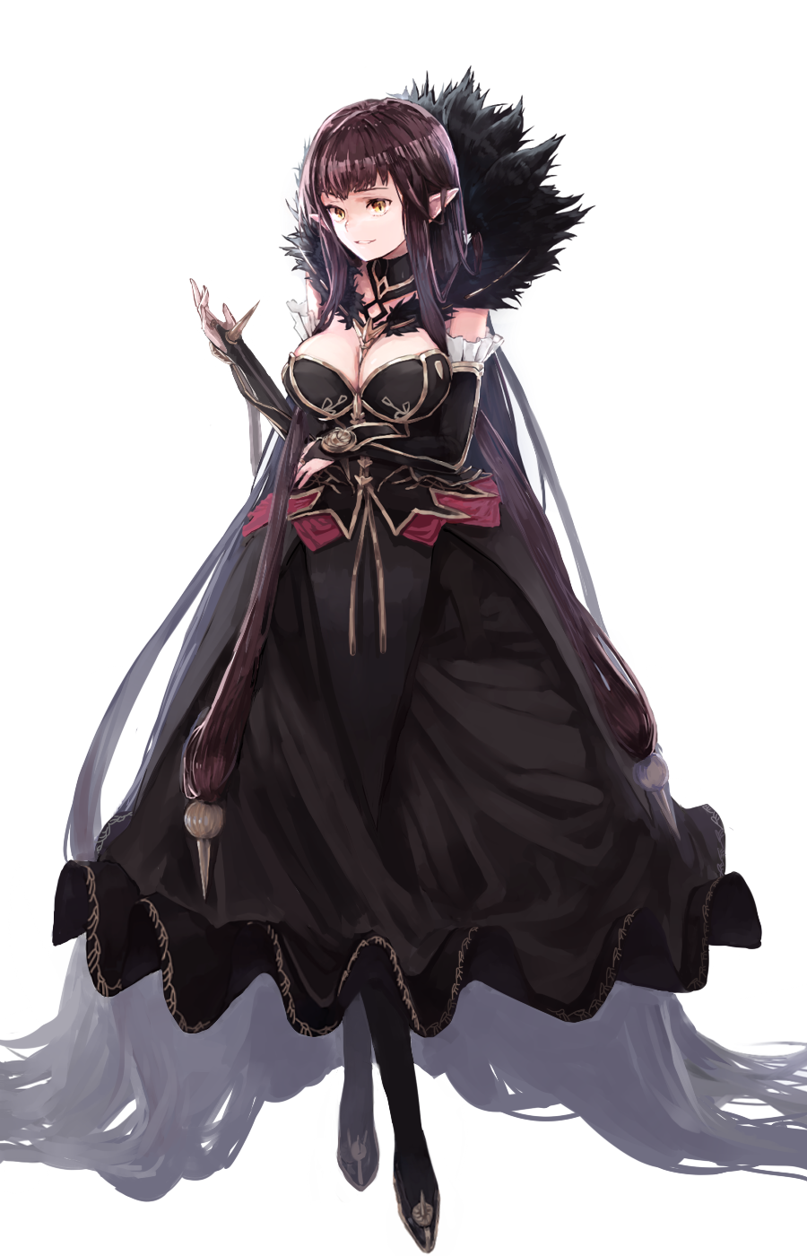1girl assassin_of_red black_dress black_hair breasts cleavage dress elbow_gloves fate/apocrypha fate_(series) fur_trim gloves hair_ornament highres large_breasts long_hair pointy_ears raichi_(ryouraichi) solo spiked_gloves very_long_hair yellow_eyes