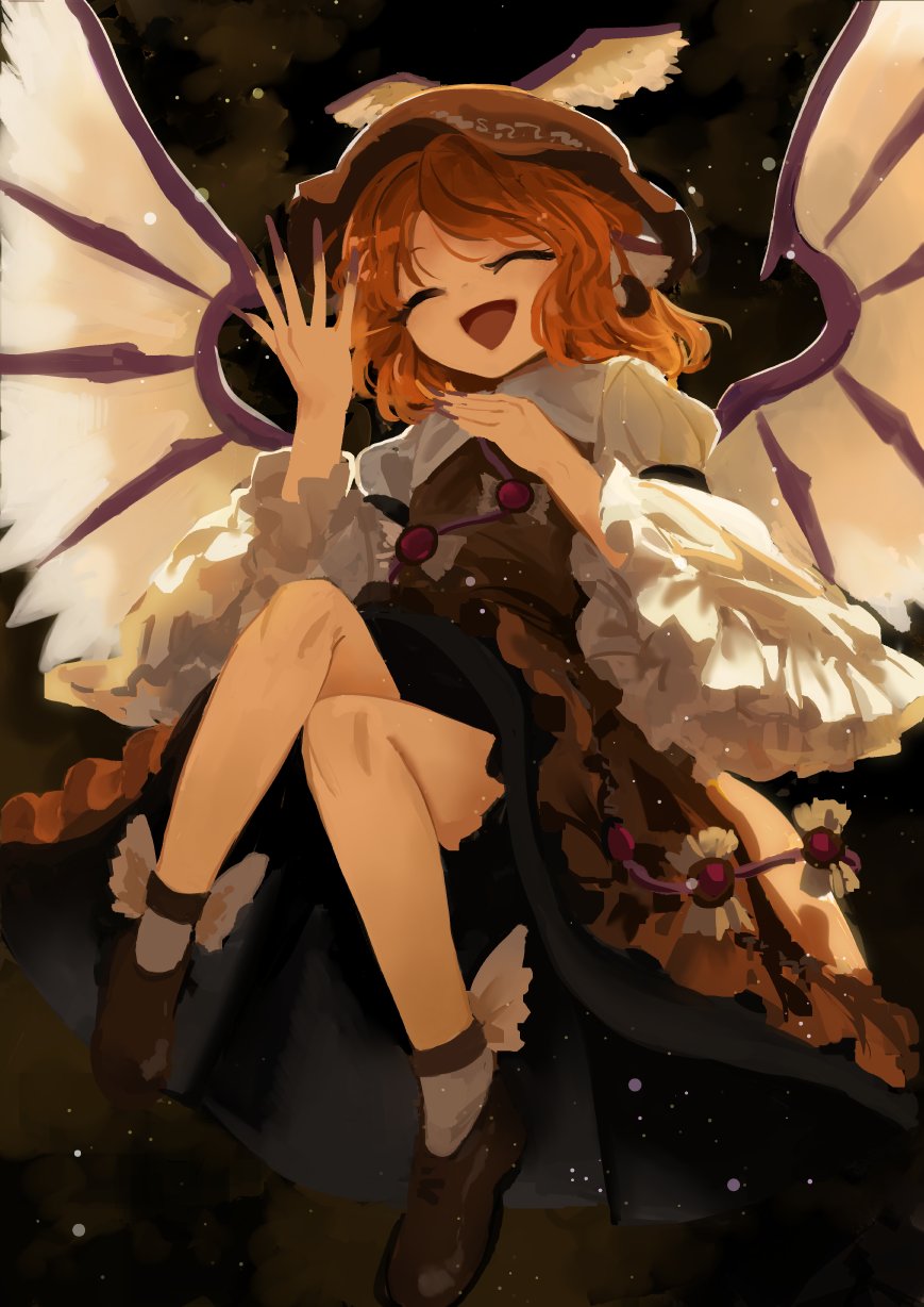 1girl :d bird_ears closed_eyes dark_background dress earrings fingernails frilled_dress frilled_sleeves frills hat highres jewelry juliet_sleeves long_fingernails long_sleeves mob_cap mystia_lorelei nail_polish open_mouth pink_hair puffy_sleeves short_hair smile sock_bow solo suna_(s73d) touhou wings