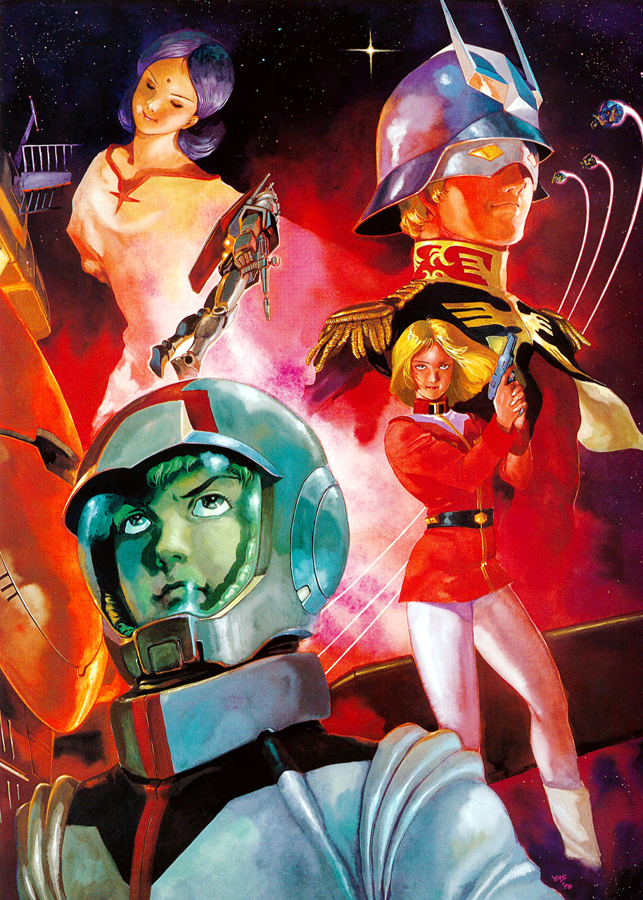 1998 2boys 2girls 70s 80s 90s amuro_ray beam_rifle bindi black_hair blonde_hair boots char_aznable closed_eyes curly_hair dark_skin dated energy_gun frau_bow gun gundam handgun helmet highres hindi lalah_sune launching looking_at_viewer looking_up mask mecha military military_uniform mobile_suit_gundam multiple_boys multiple_girls official_art official_style oldschool pilot_suit promotional_art rx-78-2 scan science_fiction serious shield signature space space_craft spacesuit star star_(sky) starry_background traditional_media uniform weapon white_base yasuhiko_yoshikazu