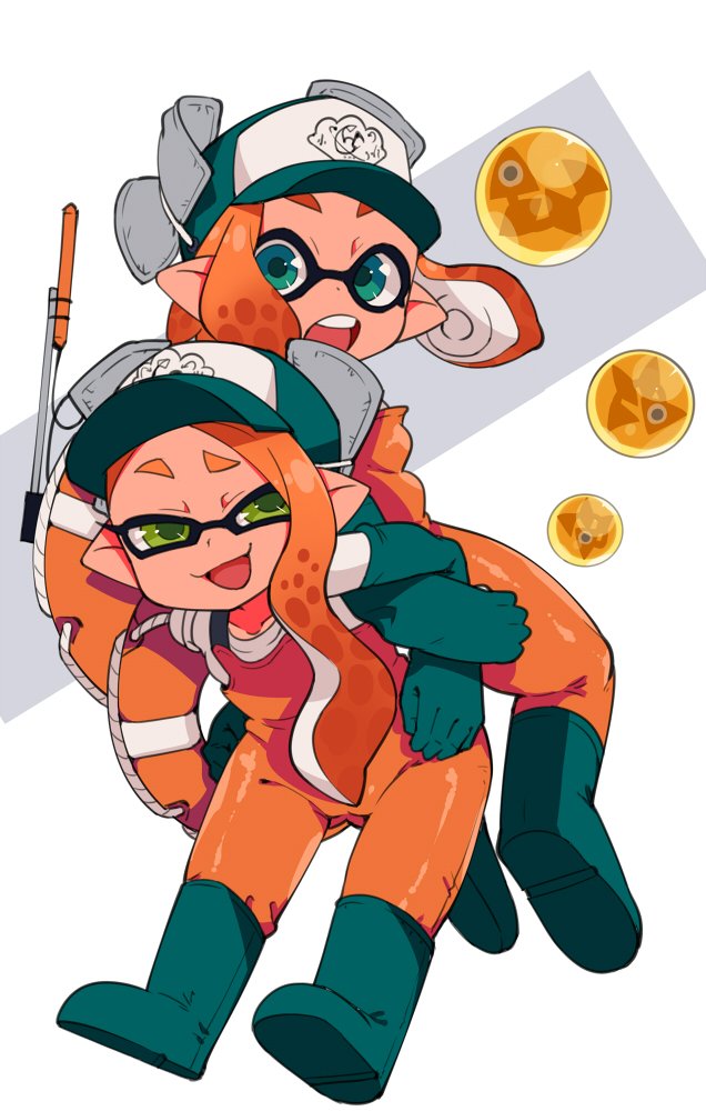 2girls :d :o blue_eyes boots domino_mask elbow_gloves full_body gloves green_eyes half-closed_eyes hat inkling koutamii looking_at_viewer mask multiple_girls open_mouth orange_hair overalls pointy_ears rubber_boots rubber_gloves salmon_run simple_background smile smug splat_charger_(splatoon) splatoon splatoon_2 teeth tentacle_hair weapon white_background