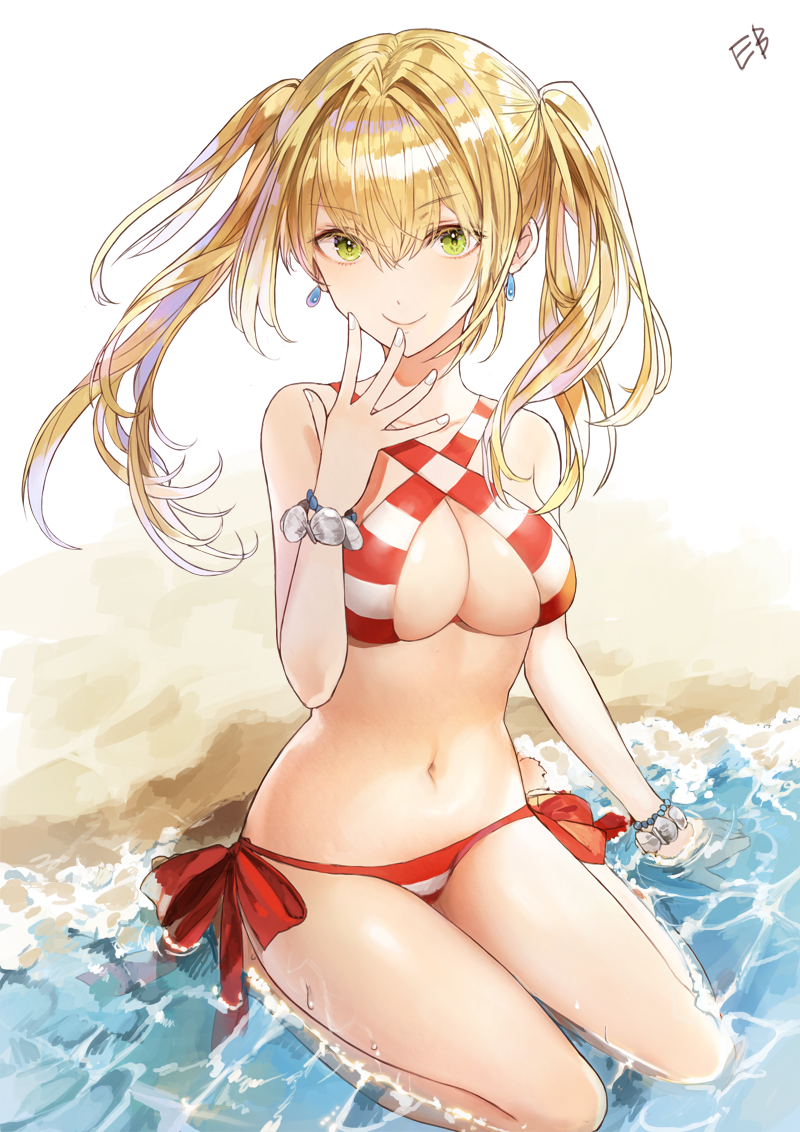 1girl ahoge artist_name bangs beach bead_bracelet beads bikini blonde_hair bracelet breasts cleavage closed_mouth criss-cross_halter earrings fate/grand_order fate_(series) floating_hair green_eyes hair_between_eyes hair_intakes halter_top halterneck hand_up jewelry kim_eb large_breasts long_hair looking_at_viewer navel nero_claudius_(swimsuit_caster)_(fate) red_bikini saber_extra seashell seiza shell side-tie_bikini signature sitting smile solo swimsuit thighs tsurime twintails white_bikini wind