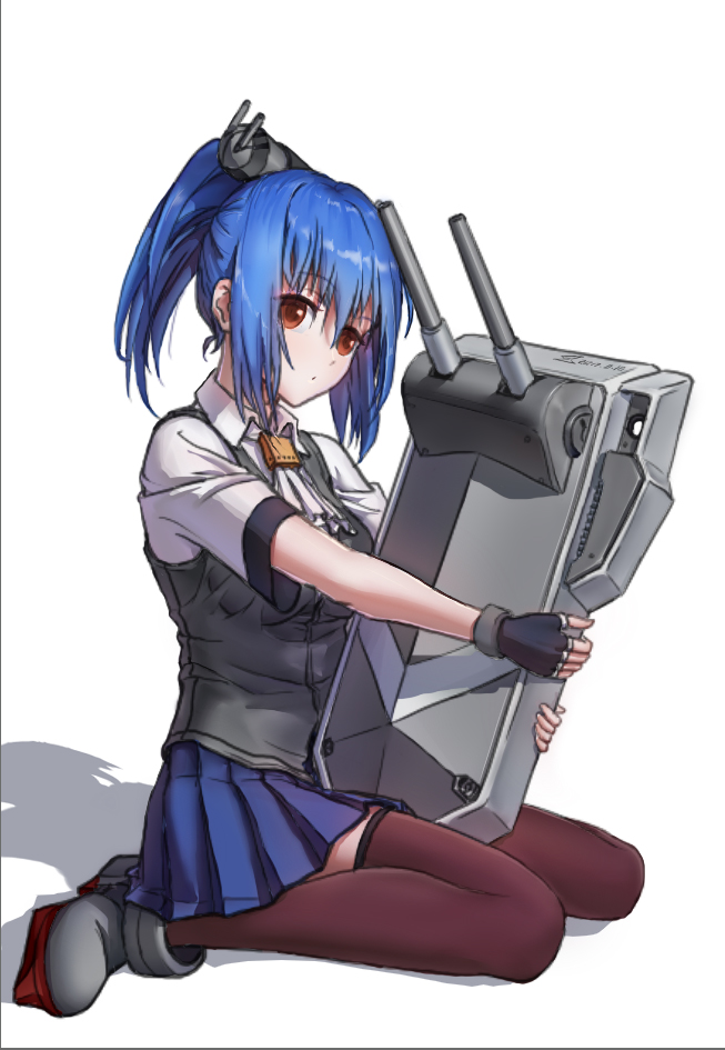 1girl black_gloves blue_hair blue_skirt brown_legwear cannon closed_mouth fingerless_gloves frills gloves grey_shoes grey_vest headgear holding looking_away machinery neckerchief pleated_skirt prinz_eugen_(zhan_jian_shao_nyu) red_eyes rudder_shoes shadow shirt shoes short_hair short_ponytail short_sleeves sitting sitting_on_ground skirt solo thigh-highs two-handed vest waistcoat wariza white_background white_neckerchief white_shirt yilei zhan_jian_shao_nyu
