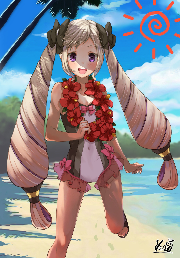 1girl beach blonde_hair day elise_(fire_emblem_if) fire_emblem fire_emblem_heroes fire_emblem_if hair_ribbon hairband kero_sweet long_hair looking_at_viewer one-piece_swimsuit ribbon smile swimsuit twintails violet_eyes water
