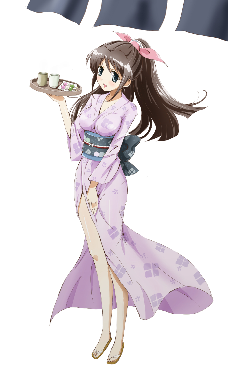 1girl black_eyes breasts brown_hair commentary_request dango food green_tea highres japanese_clothes kimono kinfuji large_breasts original ponytail smile solo tea wagashi white_background