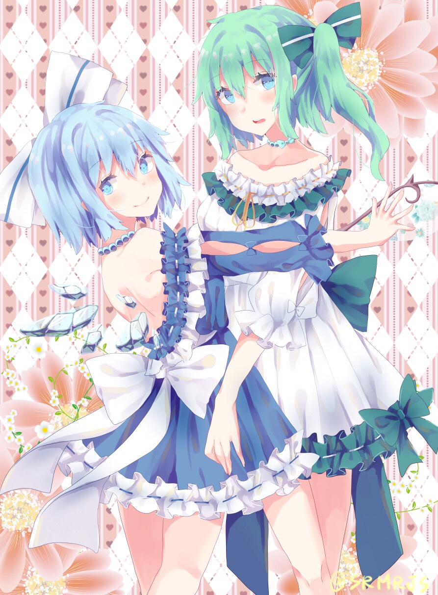 2girls alternate_costume argyle argyle_background bangs bare_shoulders blue_dress blue_eyes blue_hair bow cirno closed_mouth collarbone commentary_request daiyousei dress fairy_wings floral_background frilled_dress frills green_bow green_hair hair_between_eyes hair_bow highres ice ice_wings jewelry looking_at_viewer multiple_girls necklace open-back_dress pearl_necklace shiromoru_(yozakura_rety) short_dress short_hair side_ponytail smile touhou white_bow white_dress wings