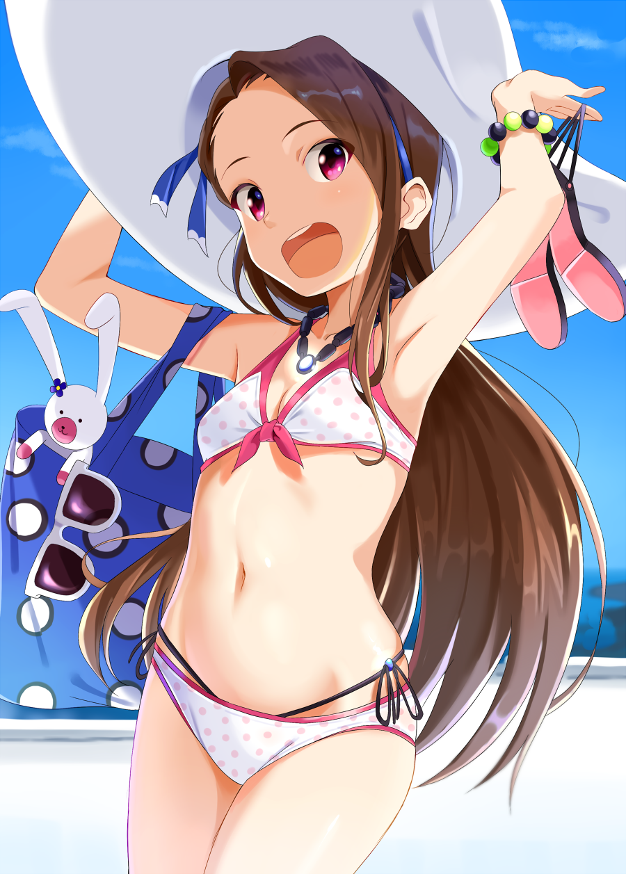 1girl armpits arms_up bag bikini bracelet breasts brown_hair commentary hat highres idolmaster jewelry long_hair looking_at_viewer midriff minase_iori navel nazo_no_niku necklace polka_dot polka_dot_bag polka_dot_bikini red_eyes shoes_removed small_breasts solo stuffed_animal stuffed_bunny stuffed_toy sunglasses swimsuit