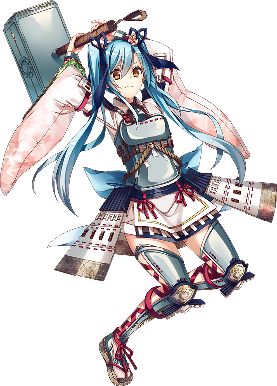 &gt;:( 1girl armor blue_hair breastplate flower full_body hair_flower hair_ornament hair_ribbon holding holding_mallet holding_weapon long_hair mallet official_art oshiro_project oshiro_project_re ribbon saijou_haruki transparent_background tsuyama_(oshiro_project) twintails weapon yellow_eyes