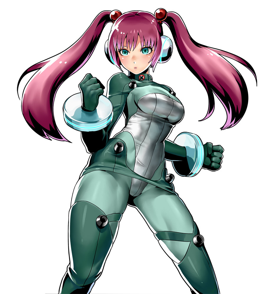 1girl aqua_eyes artist_request blue_eyes bodysuit clenched_hands closed_mouth dot_nose gluteal_fold green_bodysuit long_hair looking_at_viewer metal_slug metal_slug_attack nova_(metal_slug) official_art pink_hair redhead simple_background solo tight twintails white_background