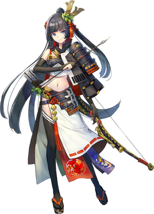 1girl arrow azutarou black_hair black_legwear bow_(weapon) elbow_gloves full_body gloves hair_ornament holding holding_arrow holding_bow_(weapon) holding_weapon iinoya_(oshiro_project) long_hair mismatched_sleeves navel official_art oshiro_project oshiro_project_re partly_fingerless_gloves ponytail quiver solo thigh-highs transparent_background very_long_hair weapon